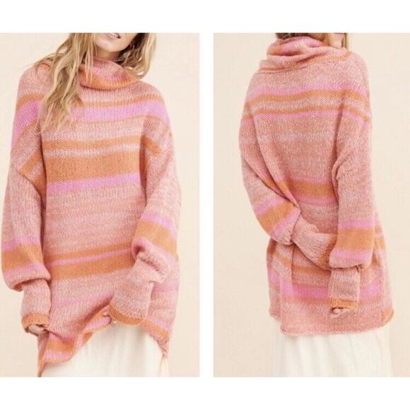 Free People Women Striped Cowl-Neck Pink Tunic Sweater Dress Size S - Picture 1 of 11